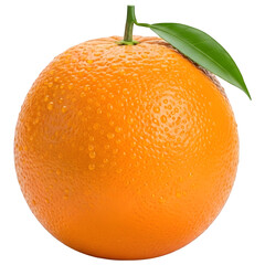 Single Fresh Orange Fruit with Green Leaf and Water Drops