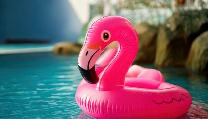 Pink flamingo float in a swimming pool on a sunny day.