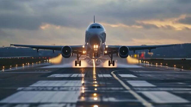 A plane taking off on a wet runway under the evening sky perfectly captures the excitement of travel and can serve as an atmospheric backdrop for travel agencies or airlines.
