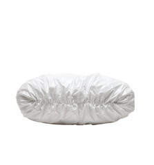 White, smooth, protective covering, possibly for a mattress or pillow.  Pleated, slightly rounded shape