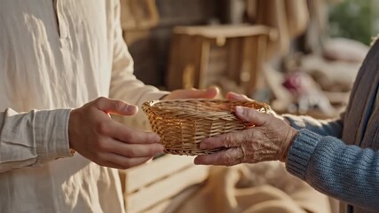 Giving Basket Charity Donation Helping Hands Elderly Support Generosity Kindness Compassion Volunteer Assistance Food Bank Community Care Senior People Gift Offering Relief Aid