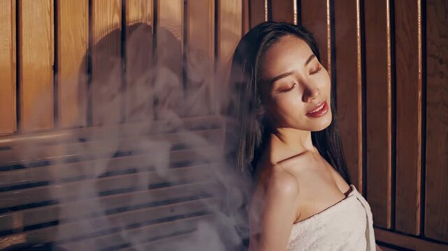 A woman relaxes in a sauna, enveloped by steam that creates a calming atmosphere. The wooden walls and steam define the cozy and tranquil environment of the sauna.