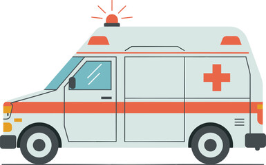 Emergency ambulance vehicle featuring a red cross emblem and flashing light on the roof.