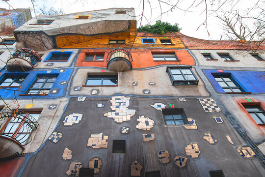 Hundertwasser House, a famous apartment building in Vienna, built after concepts of Austrian artist Friedensreich Hundertwasser. Fragments of architecture. VIENNA, AUSTRIA. December 27, 2025.