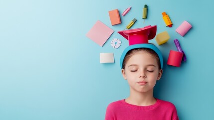 Dreaming Student Girl with School Supplies on Blue, Education, Creativity