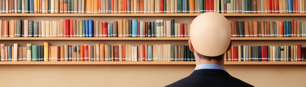 Egghead Reads Man with egg-shaped head stares at books, knowledge , library