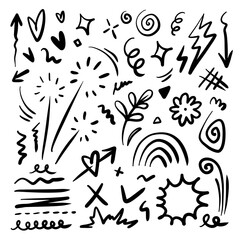 Hand drawn vector doodle design graphic elements. doodle cute star, heart, flower, line element. 