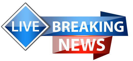 Shiny glossy blue and red breaking news banner with modern broadcast style. Urgent news headline graphic isolated png with transparent background for TV, media and live streaming design