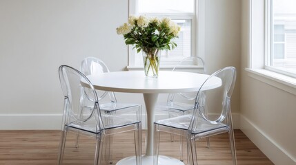 Round white dining table with four clear plastic chairs around it. the table is in the center of the room and has a vase of white flowers on top.