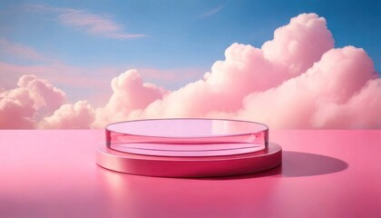 Pink podium display with dreamy clouds background for product presentation.