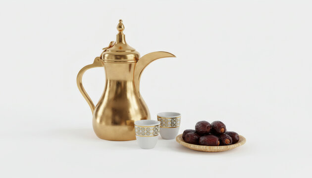 Traditional Arabic dallah with finjan cups and dates, showcasing Middle Eastern hospitality
