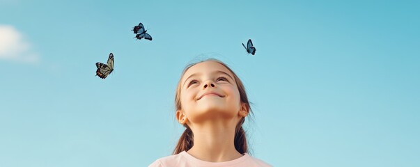 Girl Gazing at Butterflies in Blue Sky, Innocence, Dreams