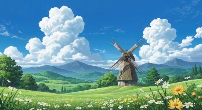 Serene windmill landscape with rolling hills and wildflowers