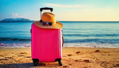 Pink suitcase with hat and sunglasses on a beach vacation.
