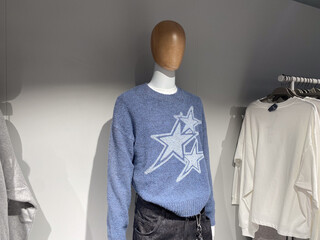 Mannequin display with blue star sweater in fashion store setting