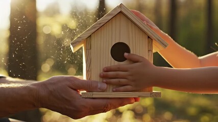Wooden birdhouse construction family bonding nature project DIY woodworking hobby kids craft building home garden wildlife habitat education outdoors sunlight bokeh