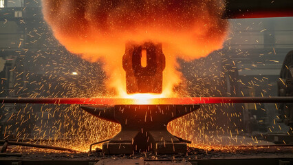 Intense industrial forging process with a glowing hot metal bar being struck by a large hammer on an anvil, creating a shower of bright sparks.