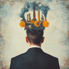 Industrial Mind Factories, Gears and Pollution Above Man's Head ,Industry, Pollution