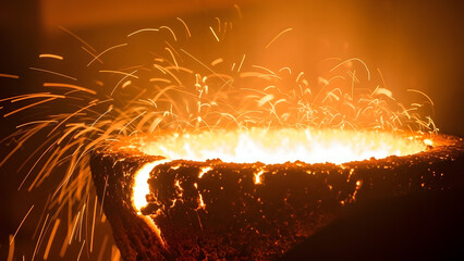 A vibrant display of molten metal in a crucible, emitting brilliant sparks during a high-temperature industrial process.