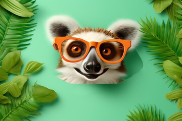 Fototapeta premium Cartoon lemur face with orange spectacles and tropical leaves on mint green