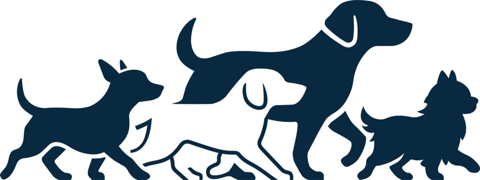 Logo design of a group of dogs of various breeds running.
