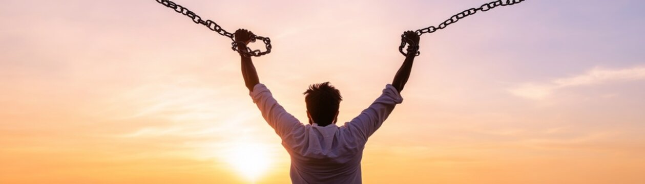 Man Breaks Chains at Sunset, Freedom , Liberation