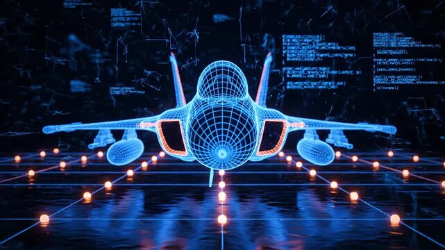 Futuristic fighter jet wireframe on dark runway with digital data and orange lights.