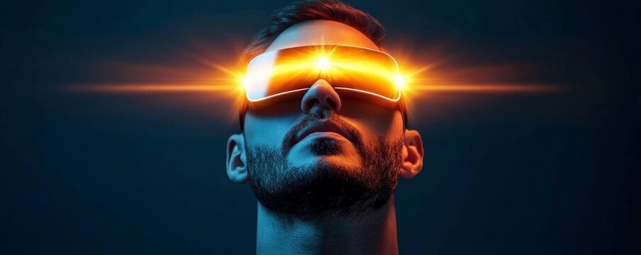 Man in futuristic visor with glowing lights, technology, innovation