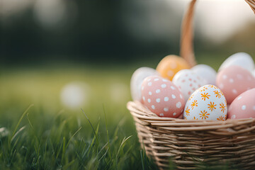 Fototapeta premium Wicker basket with colorful decorated Easter eggs on green grassy field with copy space. Traditional Spring holiday celebration.