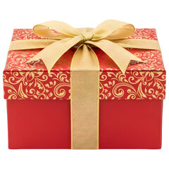 Ornate Red Gift Box with Gold Floral Pattern and Ribbon