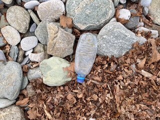 Plastic bottle littered among rocks and leaves in natural outdoor setting