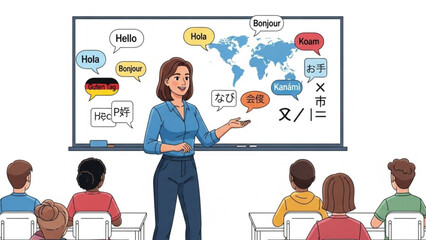 Teacher standing in front of classroom with students and world map on screen teaching languages