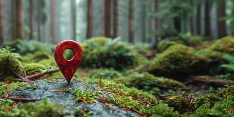 Red map pin icon on a mossy rock in a forest. Location marker for pinpointing a spot in nature for travel or adventure concept.