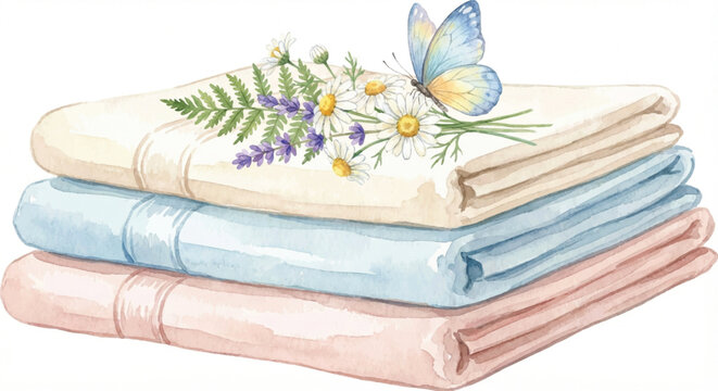 A watercolor vector illustration of a neatly stacked pile of soft, folded towels or blankets in pastel