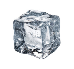 Obraz premium Close-up of a single, square ice cube, showcasing its crystalline structure and slightly rough texture. Transparent and frosty, the cube appears cold and refreshing