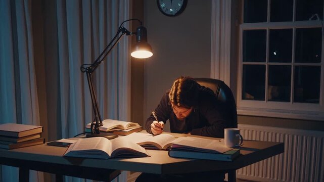 Studying Late at Night Home Office Educational Content Cozy Environment Close-Up View Focus on Knowledge
