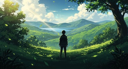 A person standing alone in a peaceful landscape