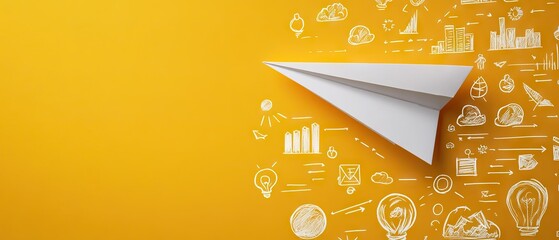 White paper plane soaring across bright yellow background surrounded by various hand-drawn idea symbols