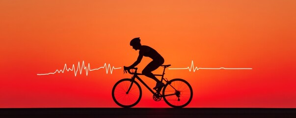 Silhouette Cyclist with Heartbeat on Sunset Ride, Cycling, Fitness