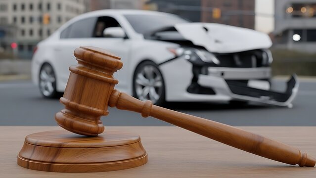 Gavel and damaged car representing legal consequences and claims arising from an automobile collision
