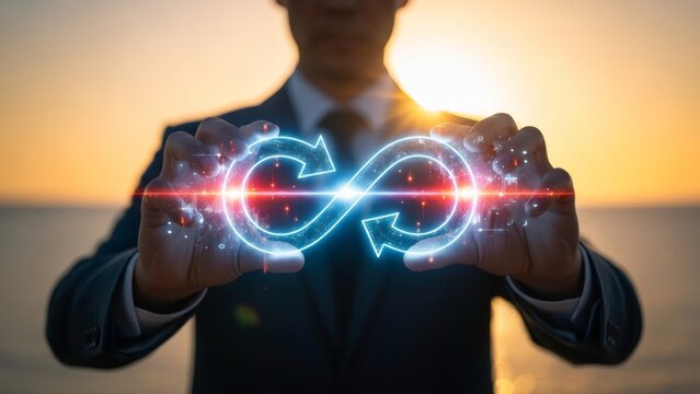 Man holding a glowing infinity symbol with arrows. Continuous improvement and cycle concept for business strategy. Sustainable resource management. - Powered by Adobe