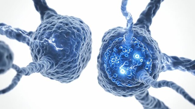 This biological animation shows luminous energy within a neural network. It highlights complex brain activity on a pristine white background. AI generated