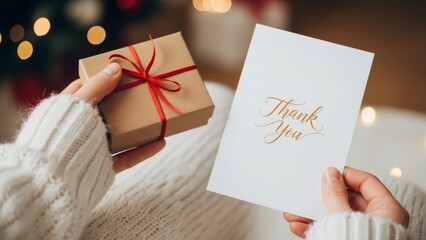 Fototapeta premium Woman holding a thank you card and a gift box with red ribbon, symbolizing gratitude. Appreciation and holiday giving concept.