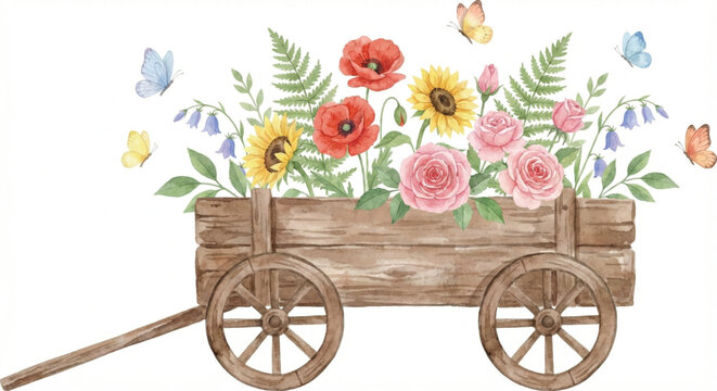 A watercolor vector illustration of a small, rustic wooden wagon filled to the brim with a variety of blooming watercolor flowers and greenery