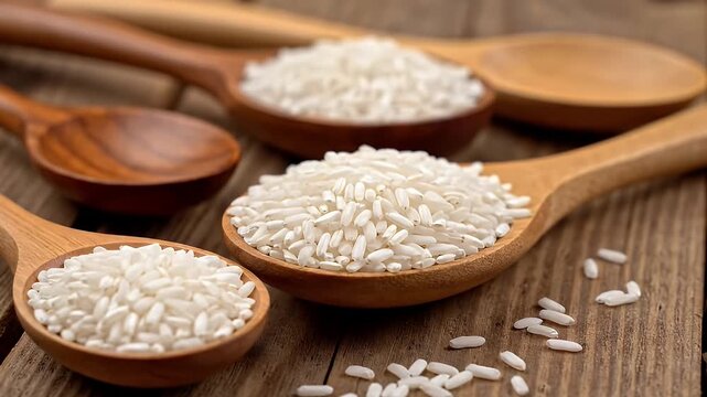Small piles of white rice rest on different wooden spoons on a rustic wood table. The downward tilting shot captures the natural textures and warm tones. ai generated