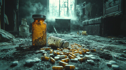 Drug abuse destruction concept with needles and pills symbolizing addiction consequences
