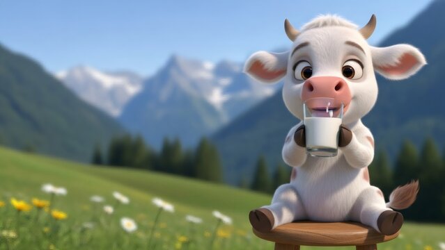 Cute cartoon calf drinking milk from a glass, sitting on a stool outdoors with mountains as background. Adorable farm animal character for kids design.