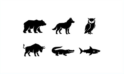 Black animal silhouettes set showing bear, wolf, owl, wild boar, crocodile, and shark. Simple flat wildlife icon collection isolated on white background, suitable for graphic and web design.