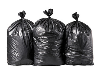 Three black plastic garbage bags, tied at the top, stand side-by-side against a black background
