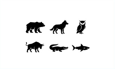 Black wildlife silhouettes set featuring bear, wolf, owl, wild boar, crocodile, and shark. Flat animal icon collection isolated on white background, suitable for design and illustration.